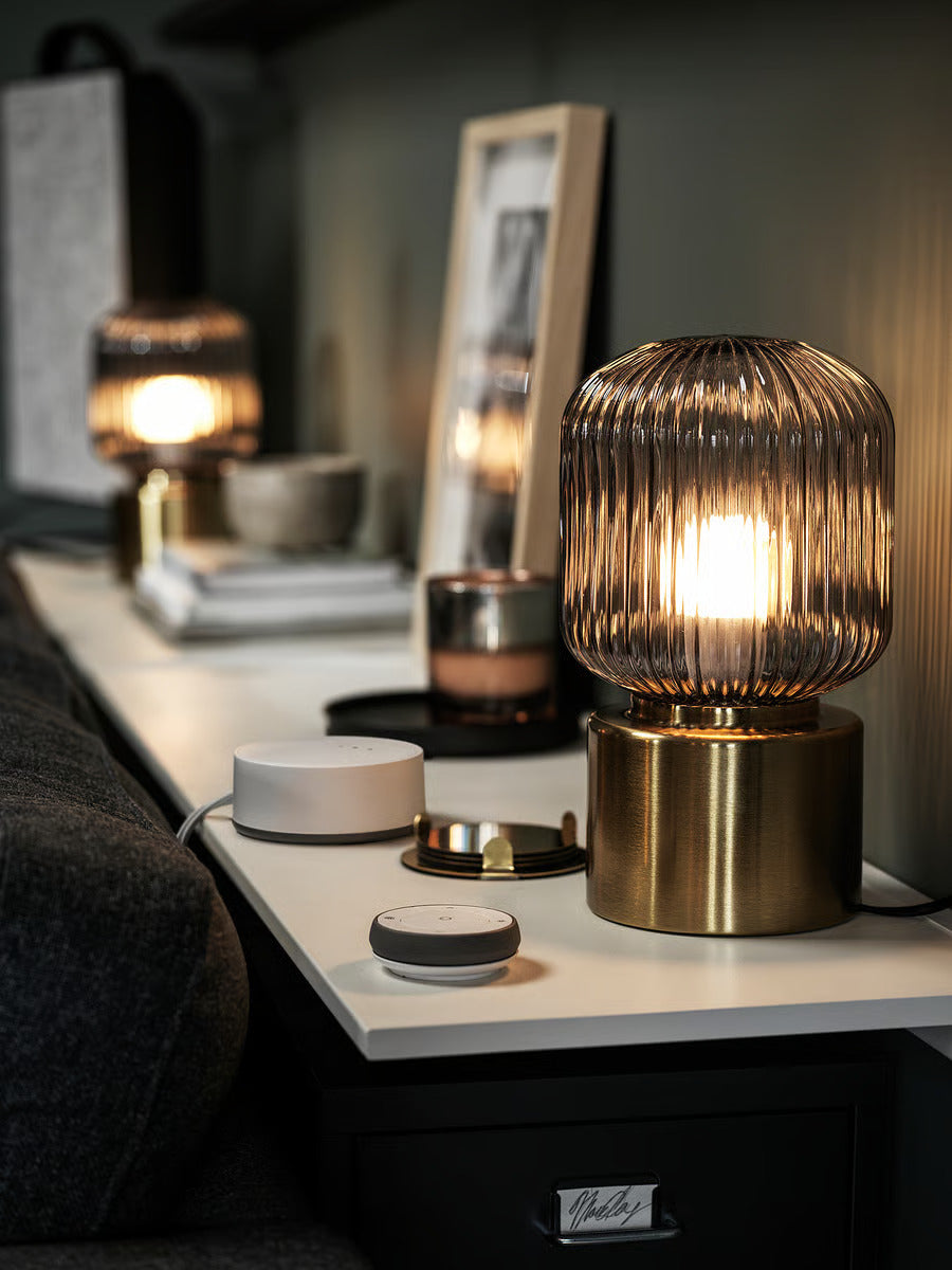 IKEA SOLKLINT Table lamp, brass/gray clear glass, 11 "