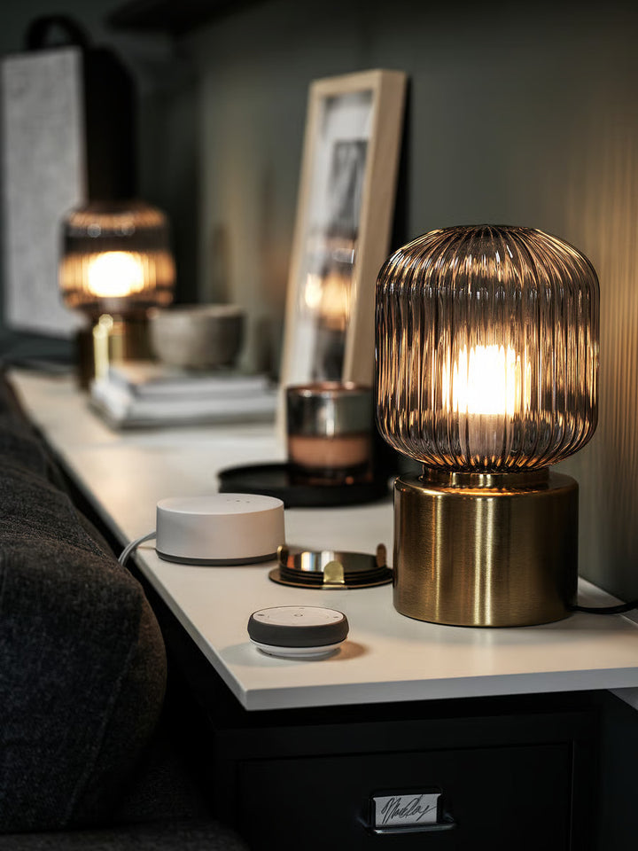 IKEA SOLKLINT Table lamp, brass/gray clear glass, 11 "
