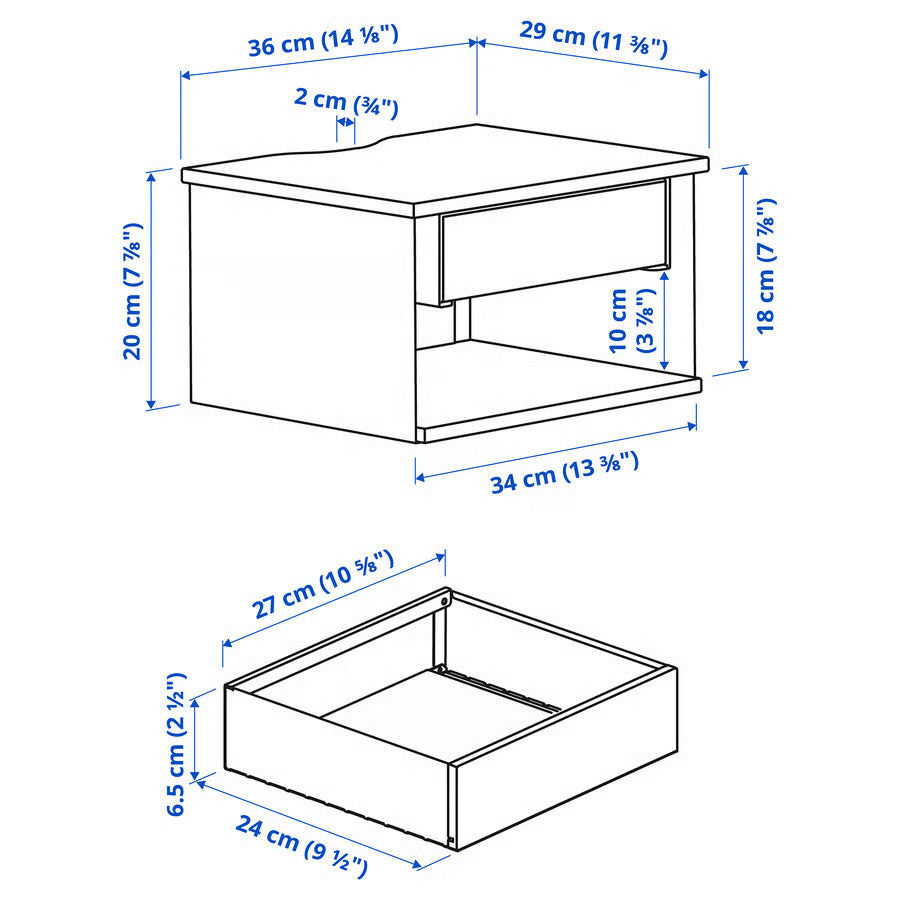IKEA STOMSÖ Wall-mounted bedside table, birch effect white/blue, 14 1/8x11 3/8x7 7/8 "