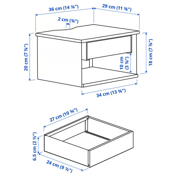 IKEA STOMSÖ Wall-mounted bedside table, birch effect white/blue, 14 1/8x11 3/8x7 7/8 "