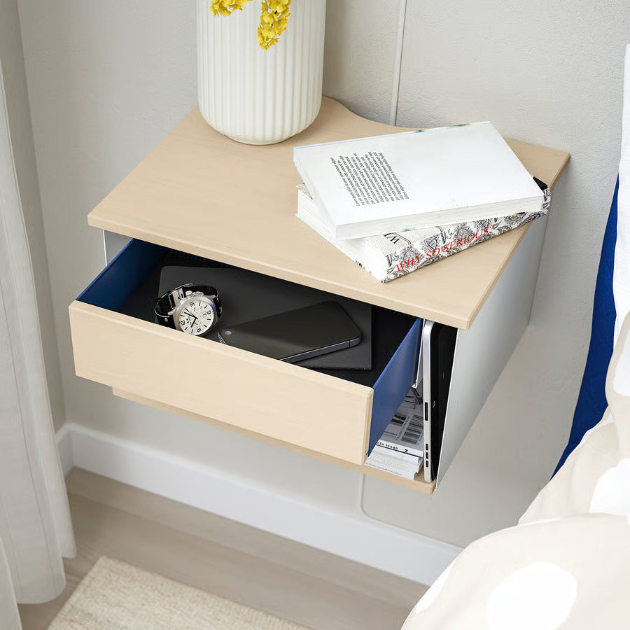 IKEA STOMSÖ Wall-mounted bedside table, birch effect white/blue, 14 1/8x11 3/8x7 7/8 "