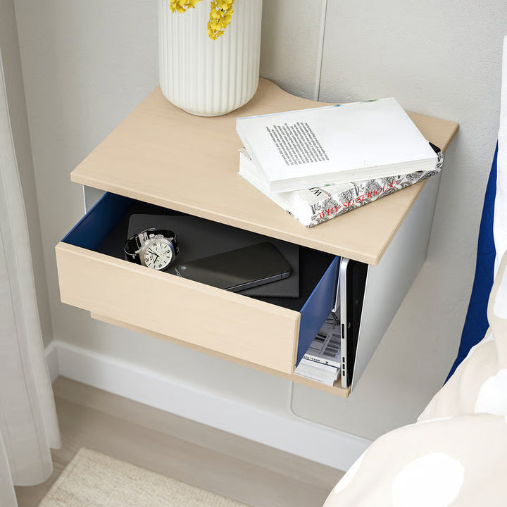 IKEA STOMSÖ Wall-mounted bedside table, birch effect white/blue, 14 1/8x11 3/8x7 7/8 "