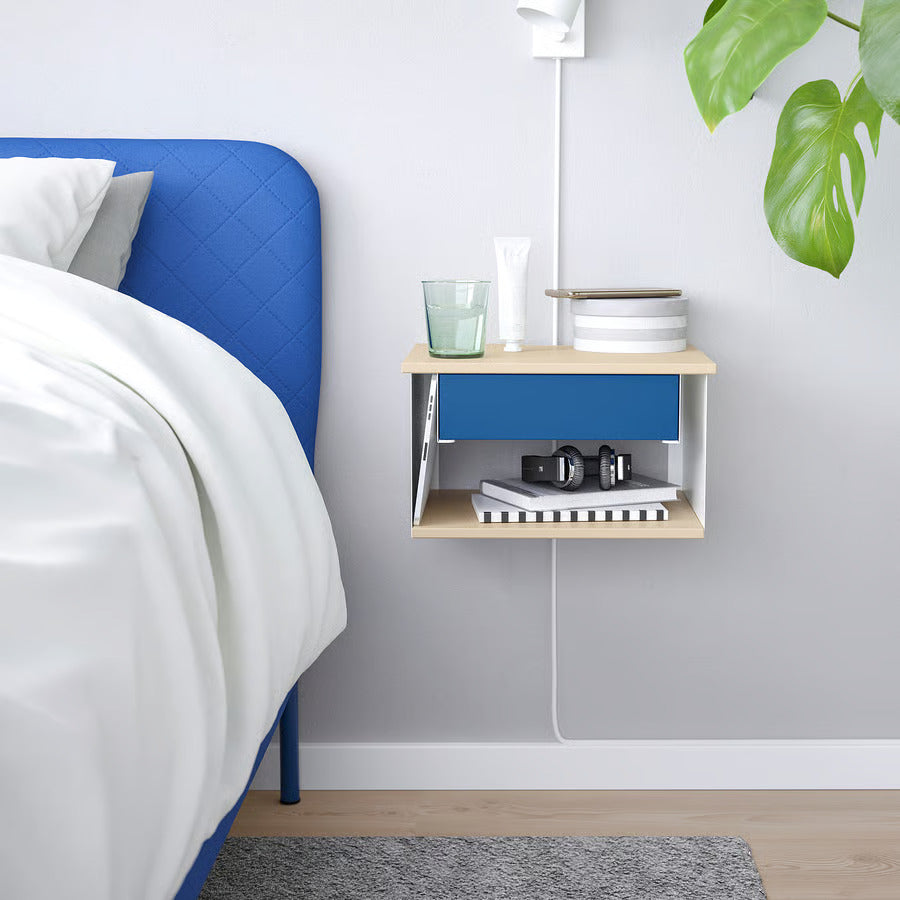 IKEA STOMSÖ Wall-mounted bedside table, birch effect white/blue, 14 1/8x11 3/8x7 7/8 "
