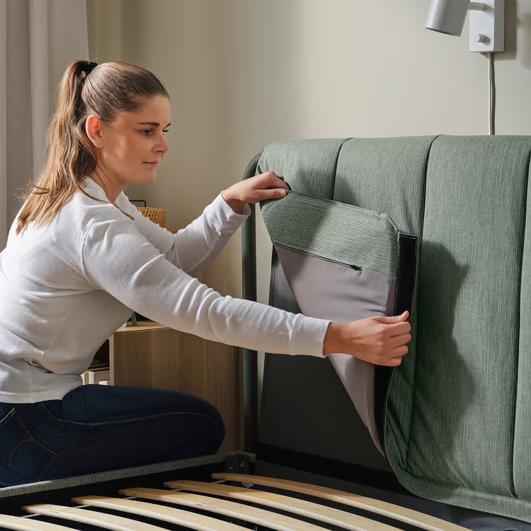 IKEA TÄLLÅSEN Upholstered bed frame, Kulsta gray-green/Luröy, Queen