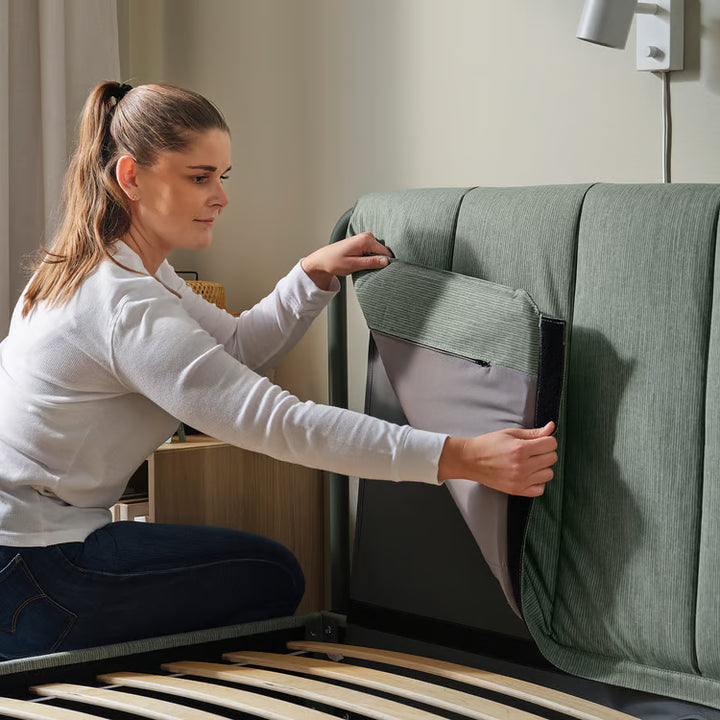 IKEA TÄLLÅSEN Upholstered bed frame, Kulsta gray-green/Luröy, Queen