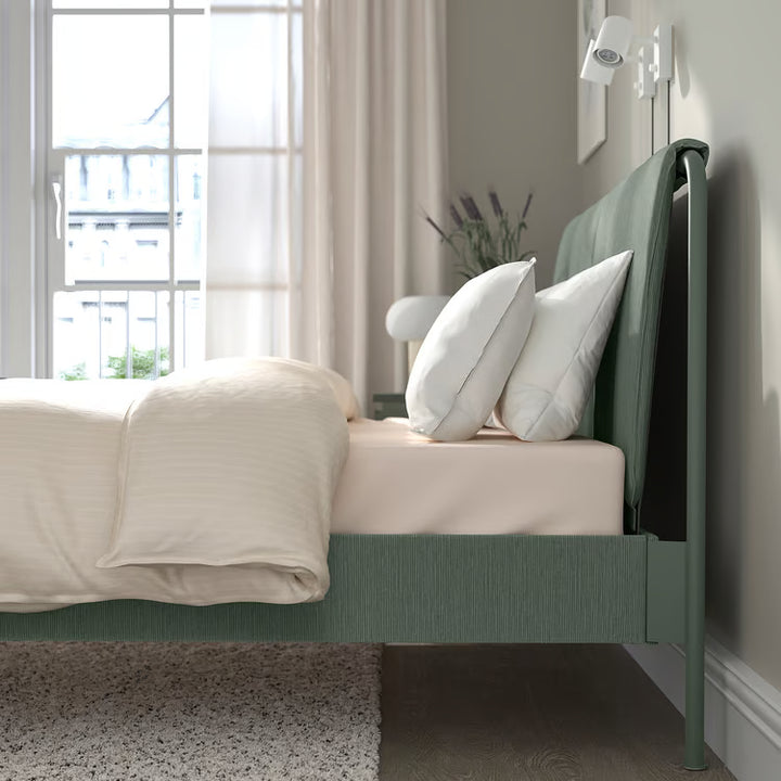 IKEA TÄLLÅSEN Upholstered bed frame, Kulsta gray-green/Luröy, Queen