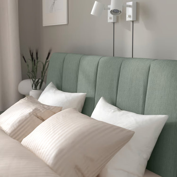 IKEA TÄLLÅSEN Upholstered bed frame, Kulsta gray-green/Luröy, Queen