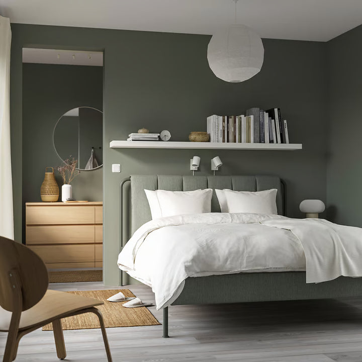 IKEA TÄLLÅSEN Upholstered bed frame, Kulsta gray-green/Luröy, Queen