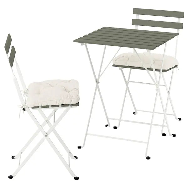 IKEA TÄRNÖ Table+2 chairs, outdoor, white/green foldable/foldable Kuddarna light gray-beige, 21 5/8x21 1/4 "