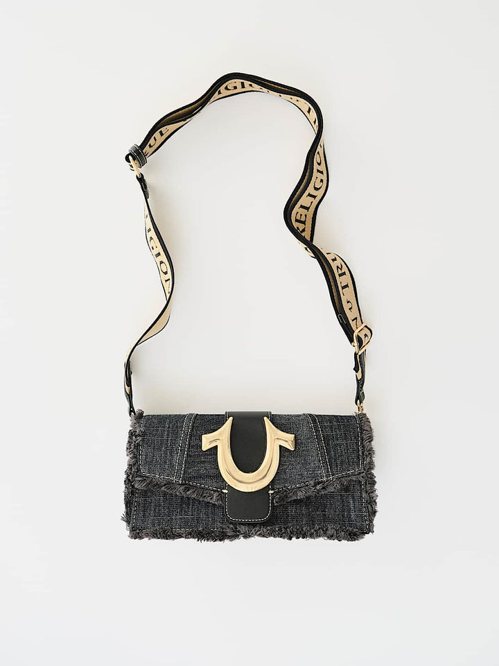 TRUE RELIGION NEW ARRIVALS FRAYED DENIM SHOULDER BAG