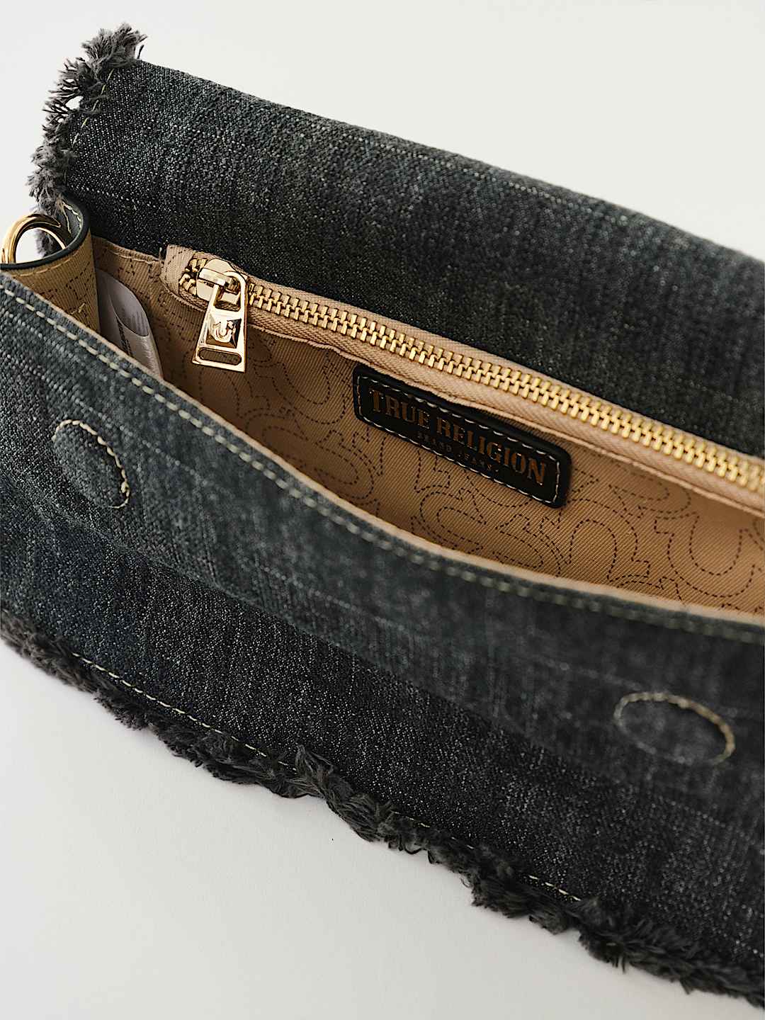 TRUE RELIGION NEW ARRIVALS FRAYED DENIM SHOULDER BAG