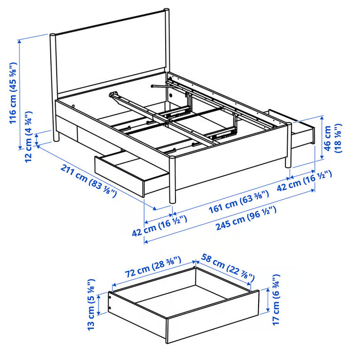 IKEA TONSTAD Bed frame with storage, off-white, Queen