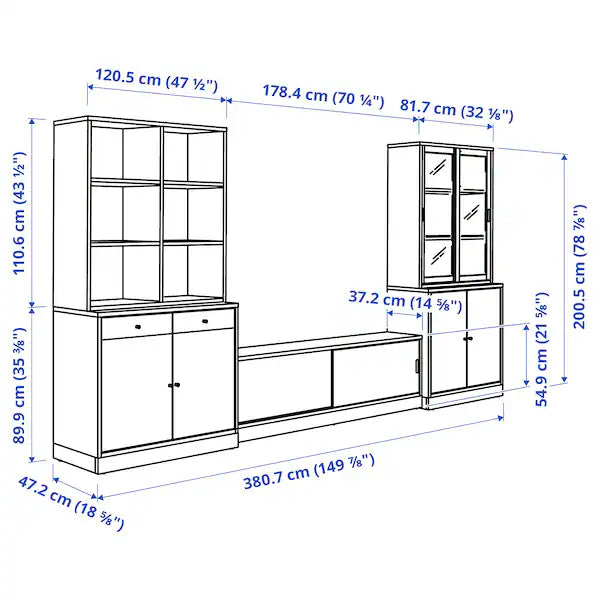 IKEA TONSTAD TV storage combination, brown stained oak veneer/clear glass, 149 7/8x18 5/8x78 7/8 "