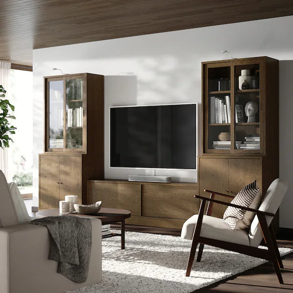 IKEA TONSTAD TV storage combination, brown stained oak veneer/clear glass, 134 5/8x18 5/8x78 7/8 "