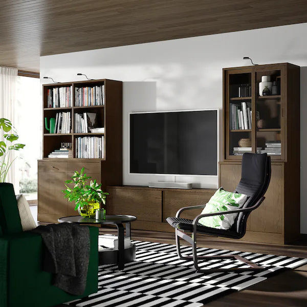 IKEA TONSTAD TV storage combination, brown stained oak veneer/clear glass, 149 7/8x18 5/8x78 7/8 "
