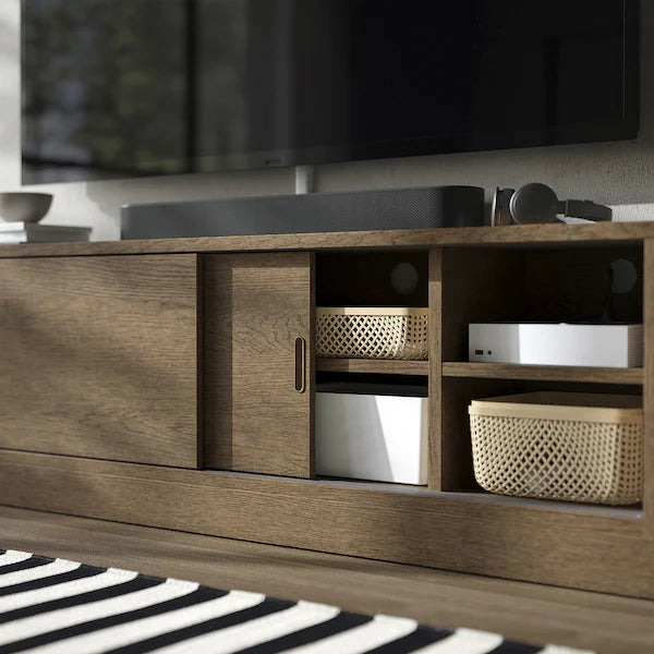 IKEA TONSTAD TV storage combination, brown stained oak veneer/clear glass, 149 7/8x18 5/8x78 7/8 "