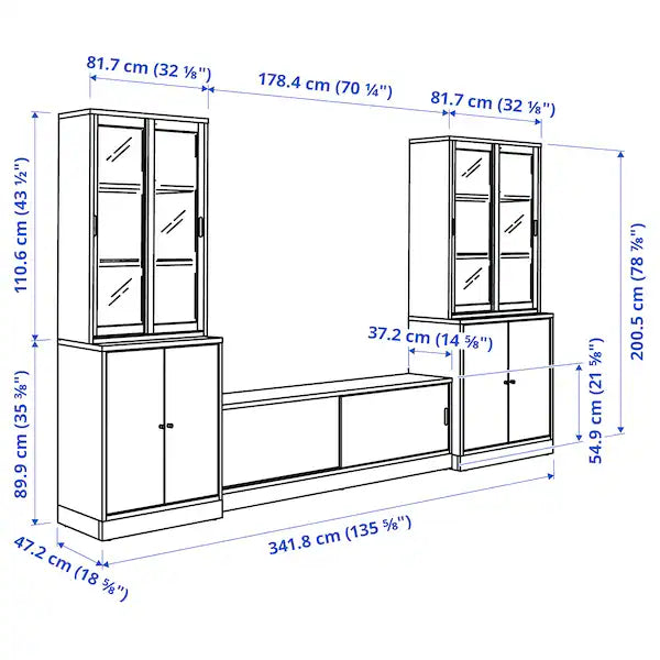 IKEA TONSTAD TV storage combination, oak veneer/clear glass, 134 5/8x18 5/8x78 7/8 "