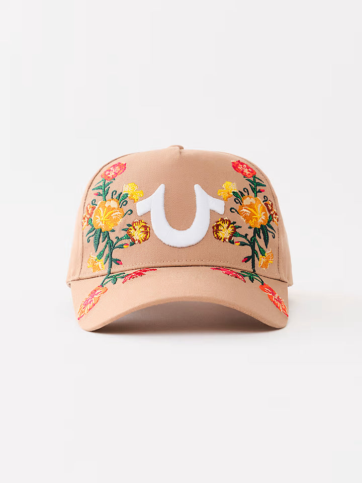 TRUE RELIGION EMBROIDERED FLOWER HORSESHOE HAT