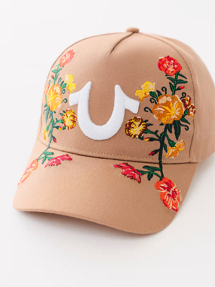 TRUE RELIGION EMBROIDERED FLOWER HORSESHOE HAT