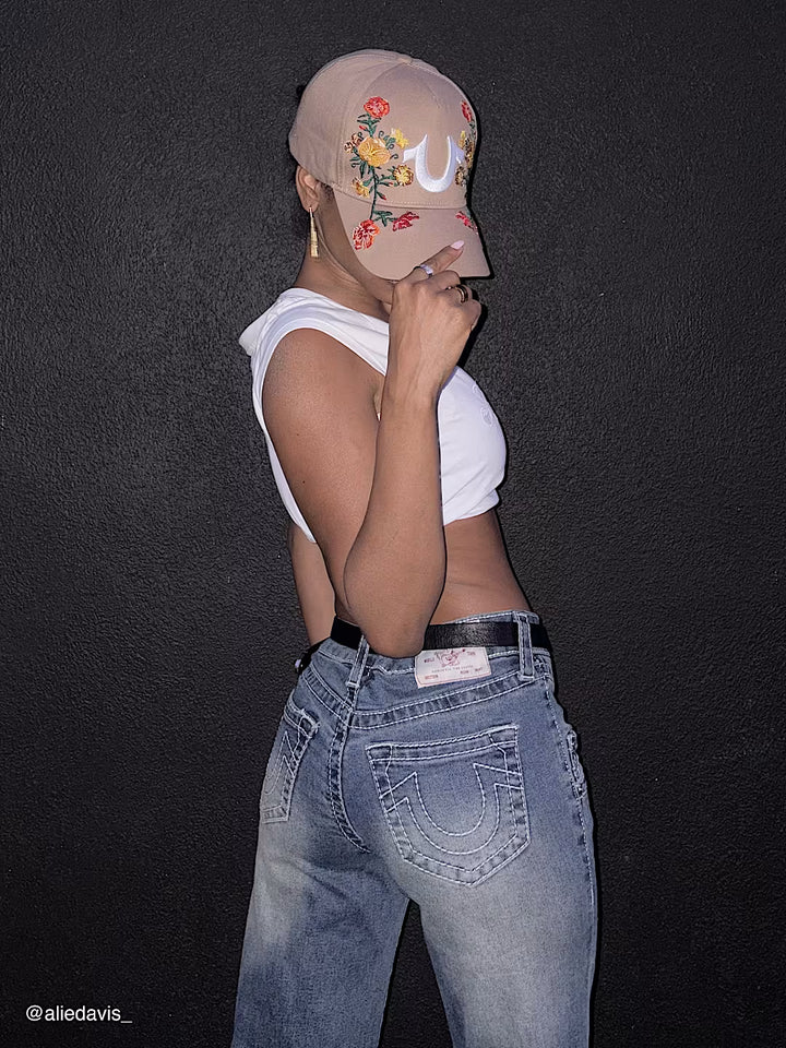 TRUE RELIGION EMBROIDERED FLOWER HORSESHOE HAT
