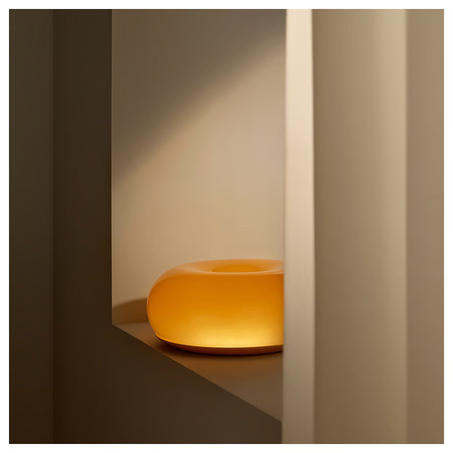 Ikea VARMBLIXT LED table/wall lamp, orange glass/round, 12 "