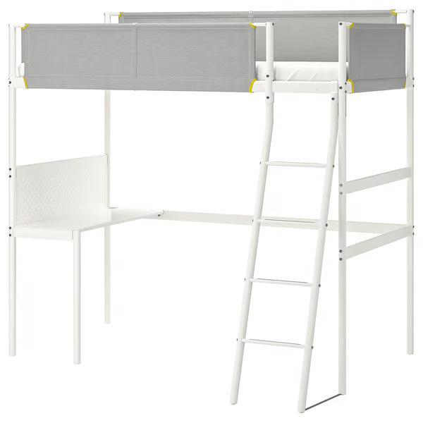 IKEA VITVAL Loft bed frame with desk top, white/light gray, Twin