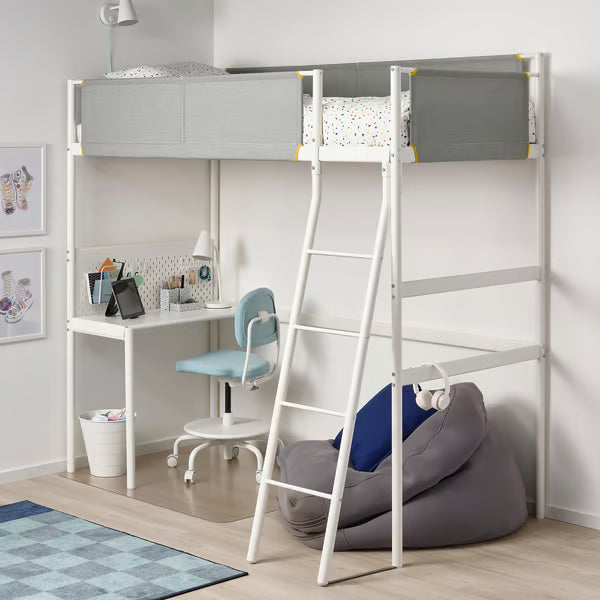IKEA VITVAL Loft bed frame with desk top, white/light gray, Twin