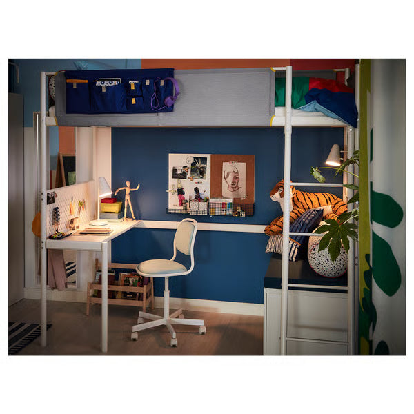 IKEA VITVAL Loft bed frame with desk top, white/light gray, Twin