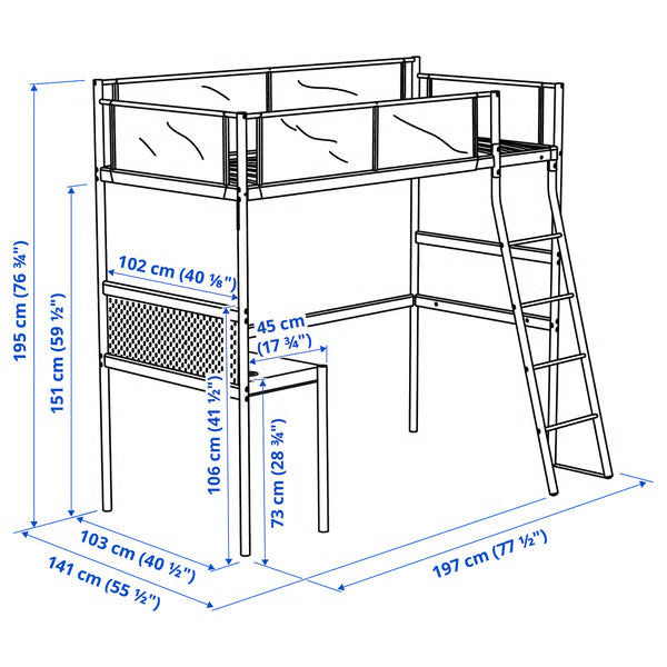 IKEA VITVAL Loft bed frame with desk top, white/light gray, Twin